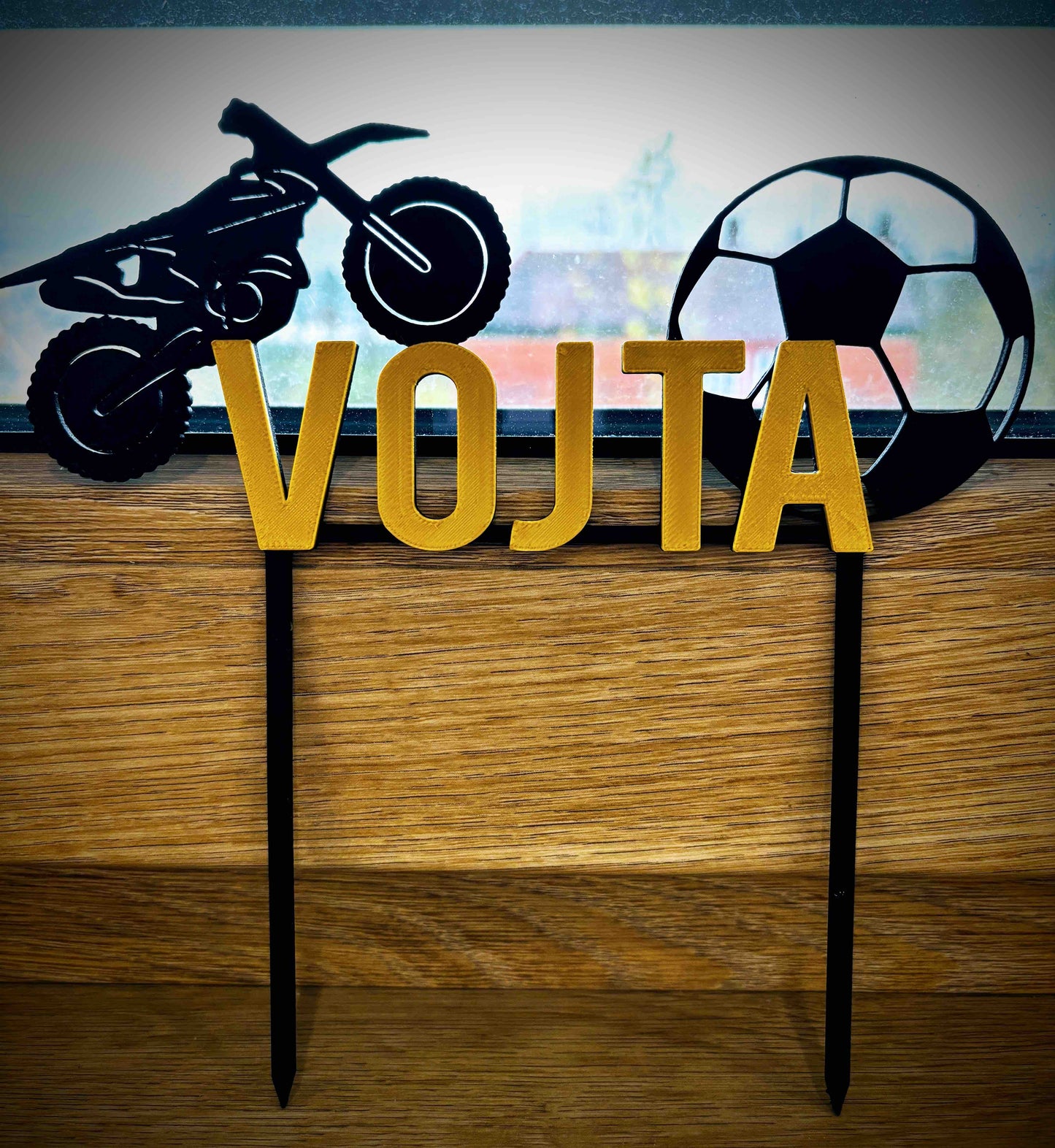 Cake topper - Motocross bike with a name and a soccer ball